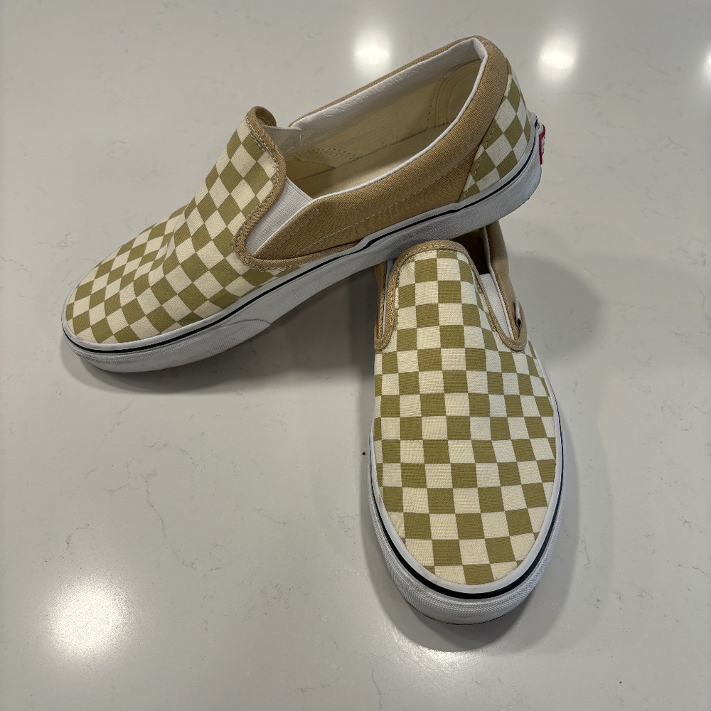 VANS CLASSIC Slip On Shoes Checkered Taupe Men's Canvas Sneakers Size 10.5
